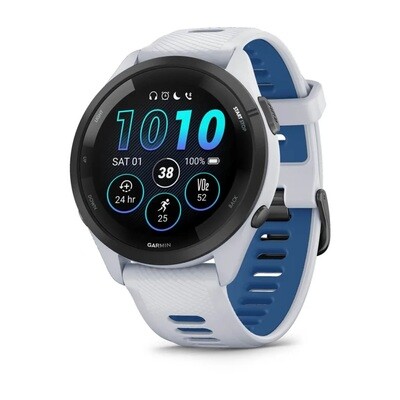 Garmin Forerunner 265 Lunetta nera con cassa bianco pietra e cinturino in silicone bianco pietra/blu marea