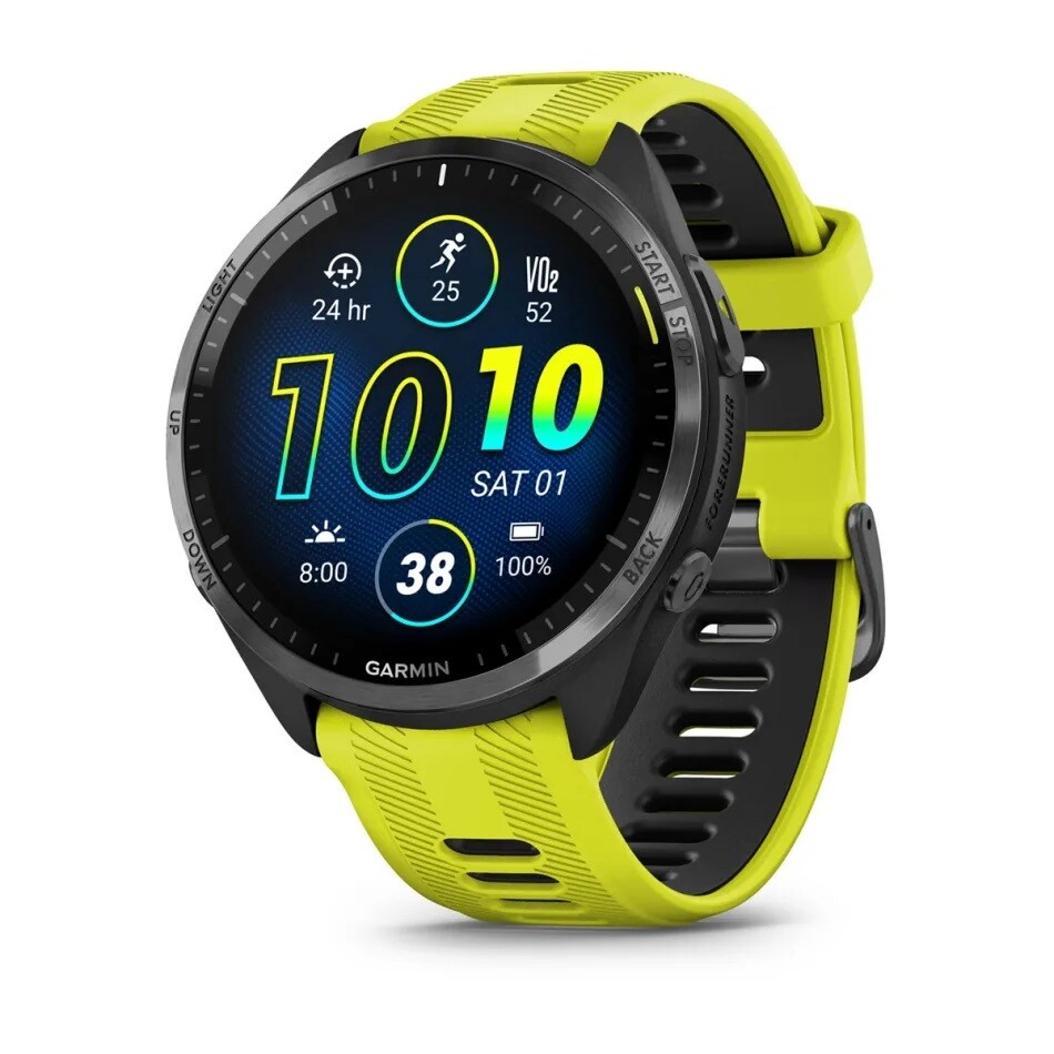 Garmin Forerunner 965 Lunetta in titanio DLC grigio carbonio con cassa nera e cinturino in silicone giallo/nero