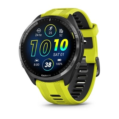 Garmin Forerunner 965 Lunetta in titanio DLC grigio carbonio con cassa nera e cinturino in silicone giallo/nero