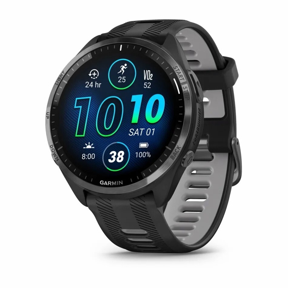 Garmin Forerunner 965 Lunetta in titanio DLC grigio carbonio con cassa nera e cinturino in silicone nero/grigio polvere
