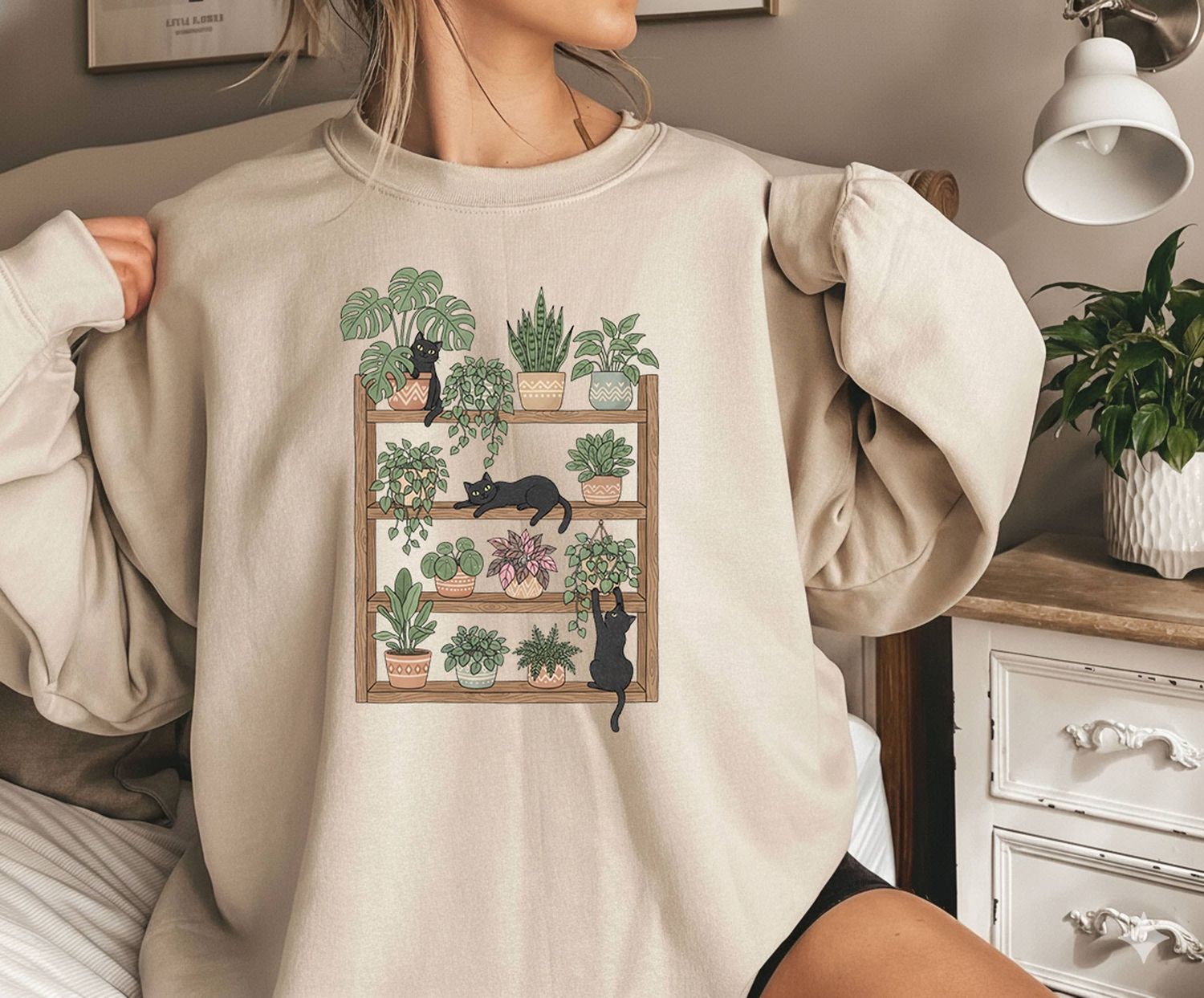 Plant Shelf Cat Sweatshirt Houseplant Lover:  Sand / L