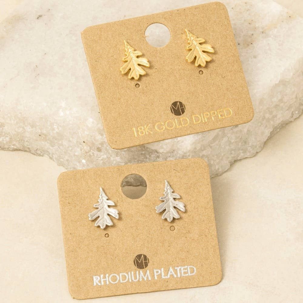 Gold Dipped Oak Leaf Stud Earrings: Silver