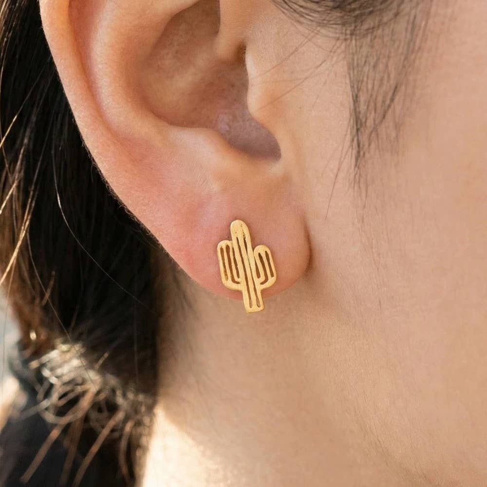 Gold Dipped Dainty Desert Cactus Stud Earrings: Gold
