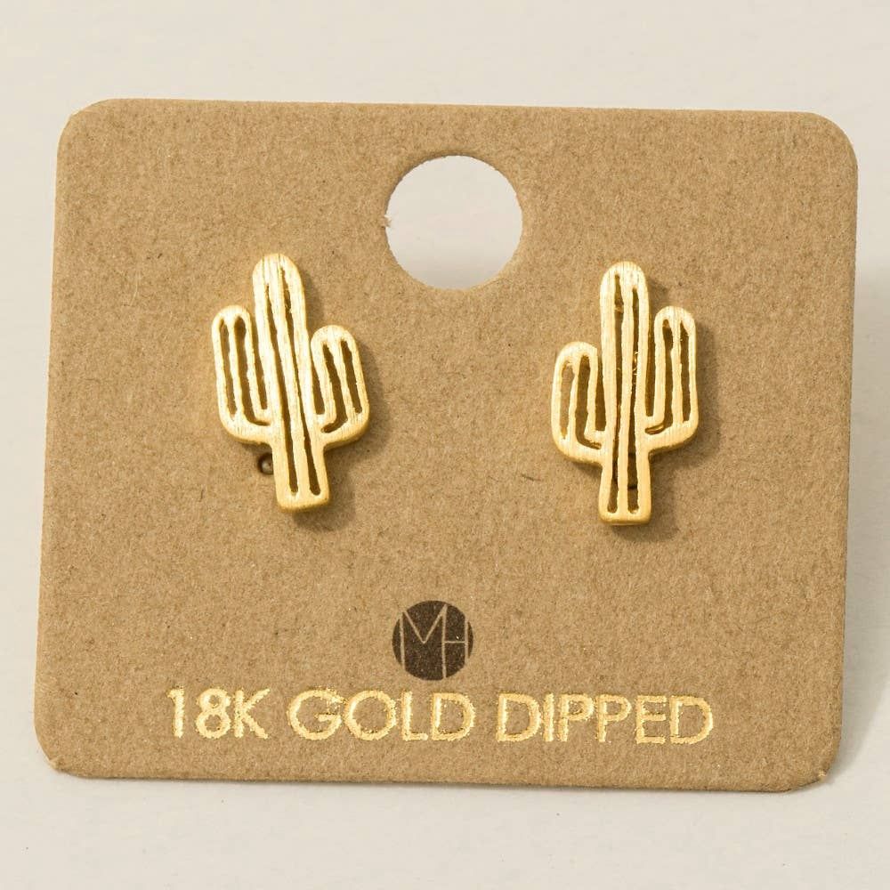 Gold Dipped Dainty Desert Cactus Stud Earrings: Gold