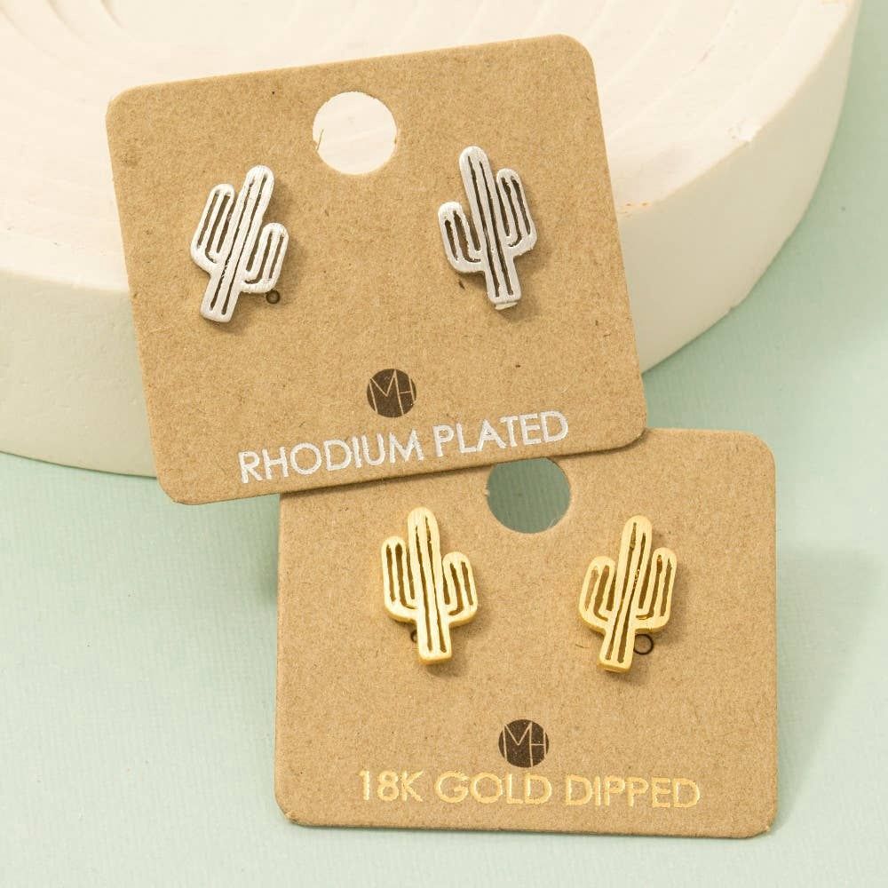 Gold Dipped Dainty Desert Cactus Stud Earrings: Gold