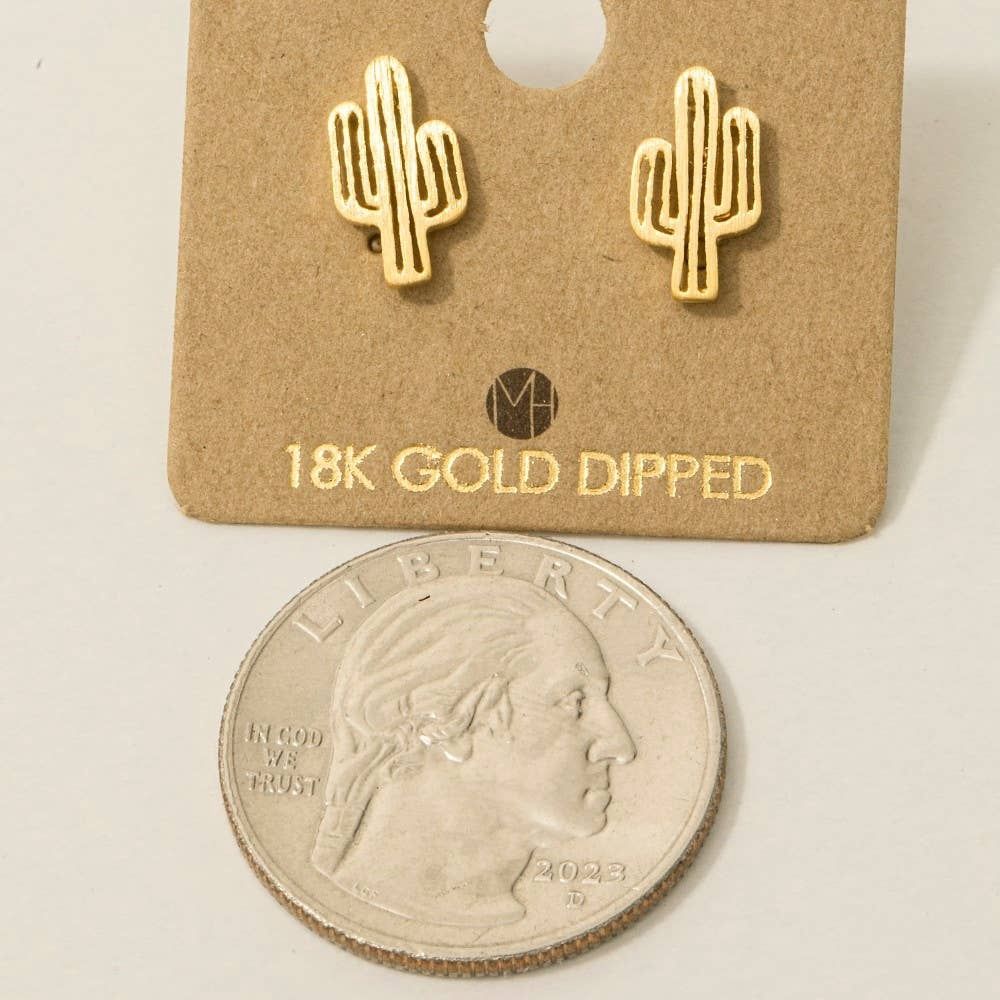 Gold Dipped Dainty Desert Cactus Stud Earrings: Gold