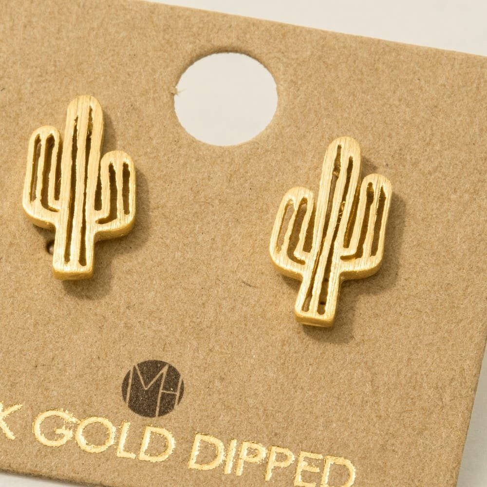 Gold Dipped Dainty Desert Cactus Stud Earrings: Gold