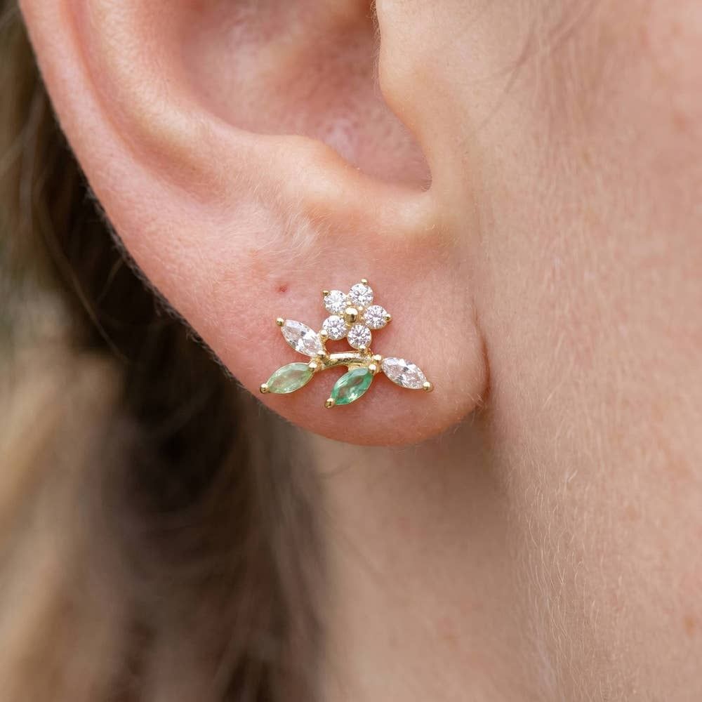 Cz Marquise Leaf Flower Cluster Fan Stud Earrings: Gold