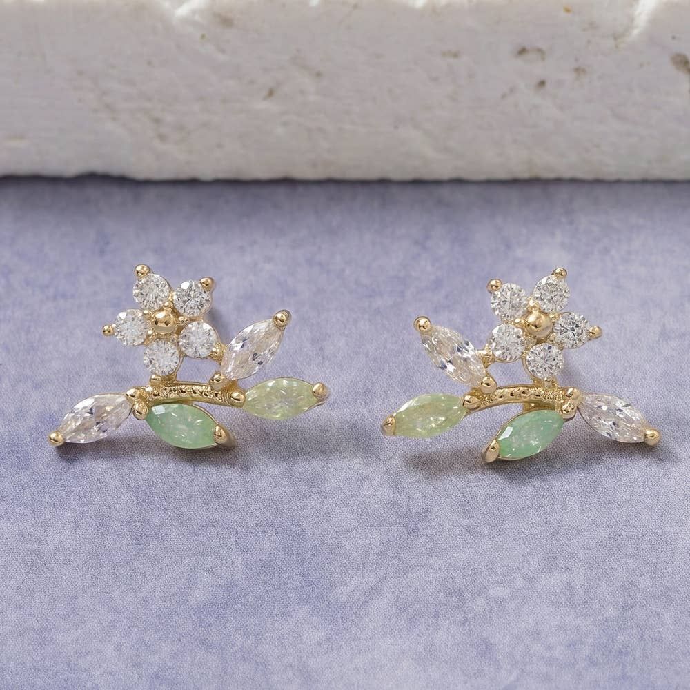 Cz Marquise Leaf Flower Cluster Fan Stud Earrings: Gold