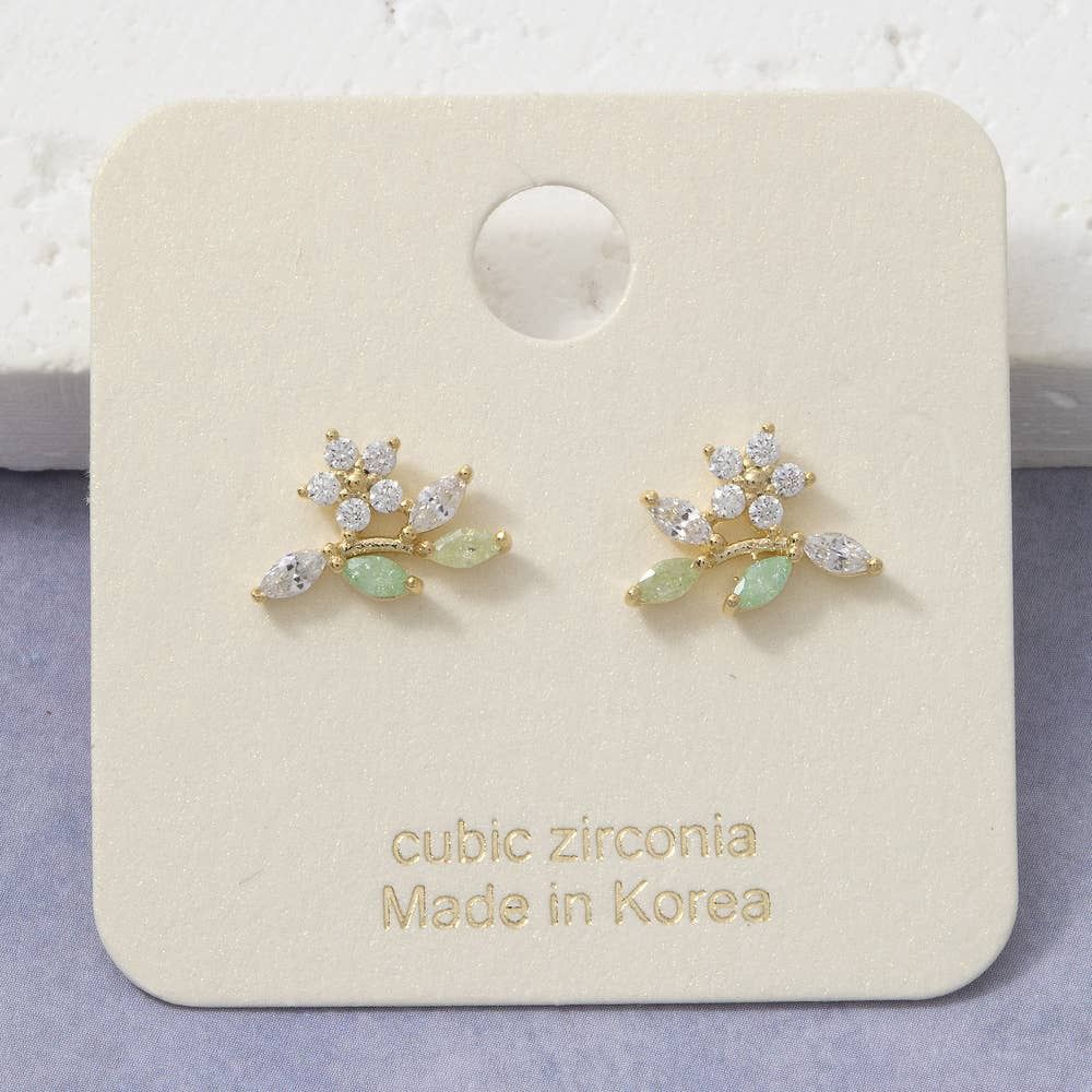 Cz Marquise Leaf Flower Cluster Fan Stud Earrings: Gold