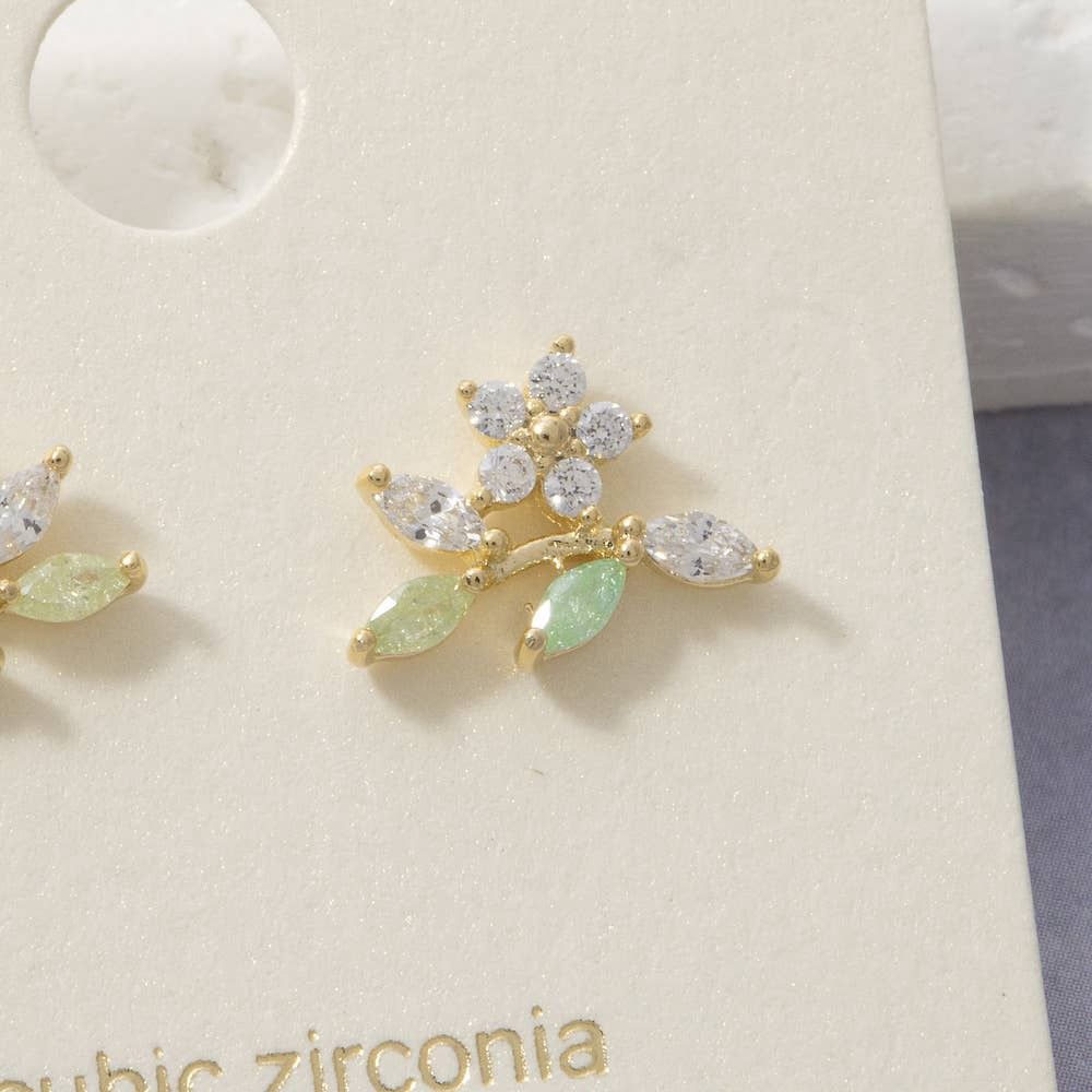 Cz Marquise Leaf Flower Cluster Fan Stud Earrings: Gold