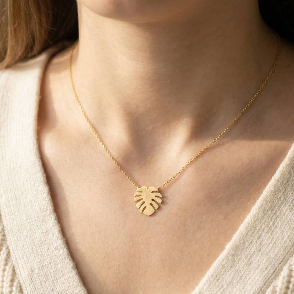 Gold Dipped Monstera Leaf Pendant Necklace: Gold