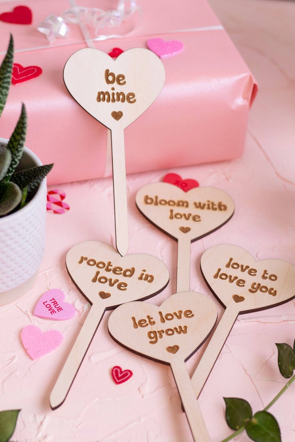 Conversation Heart Wooden Plant Markers: Love grows here