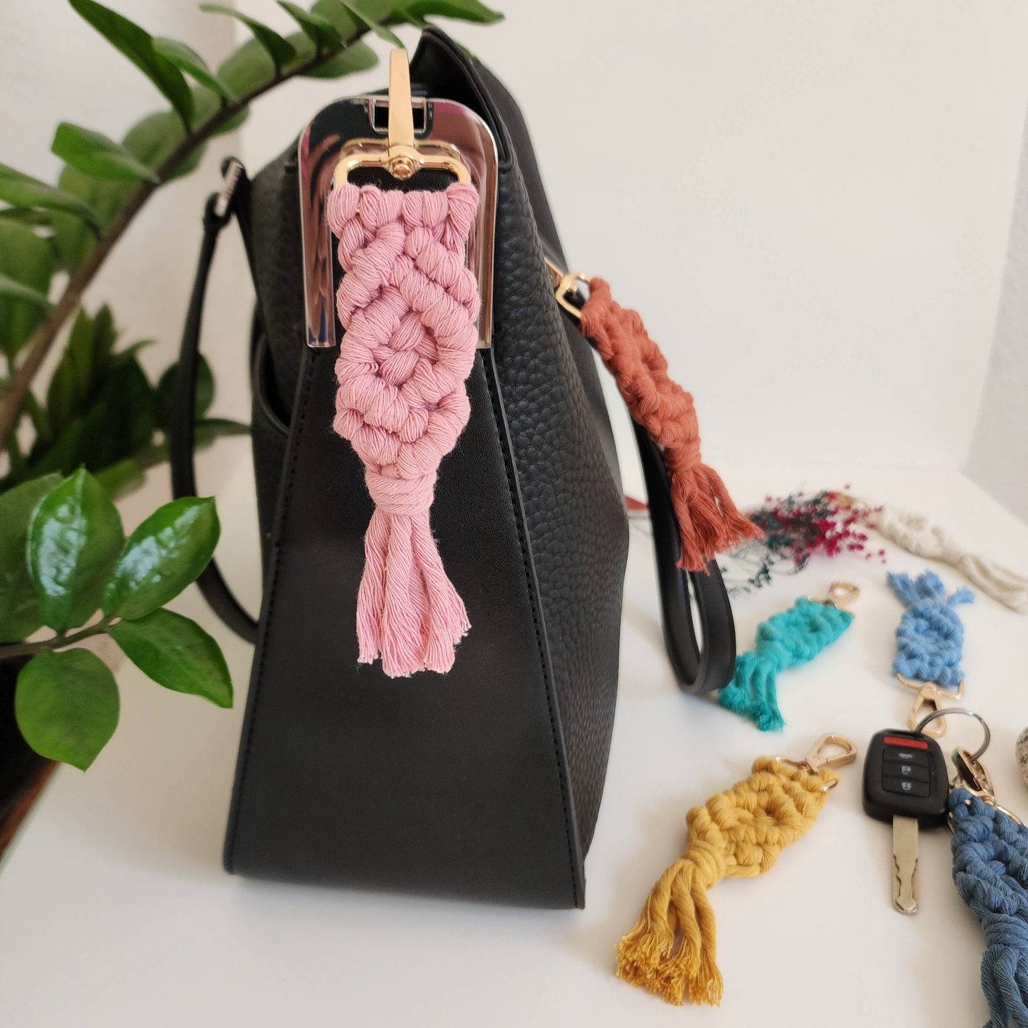 Macrame Cotton Keychain, Boho Purse/Key Accessories: Set of 7 colors (1 of each)