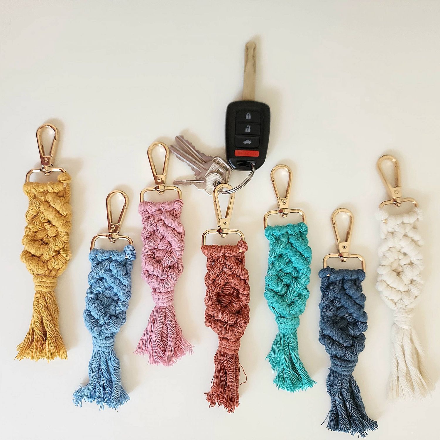 Macrame Cotton Keychain, Boho Purse/Key Accessories: Set of 7 colors (1 of each)