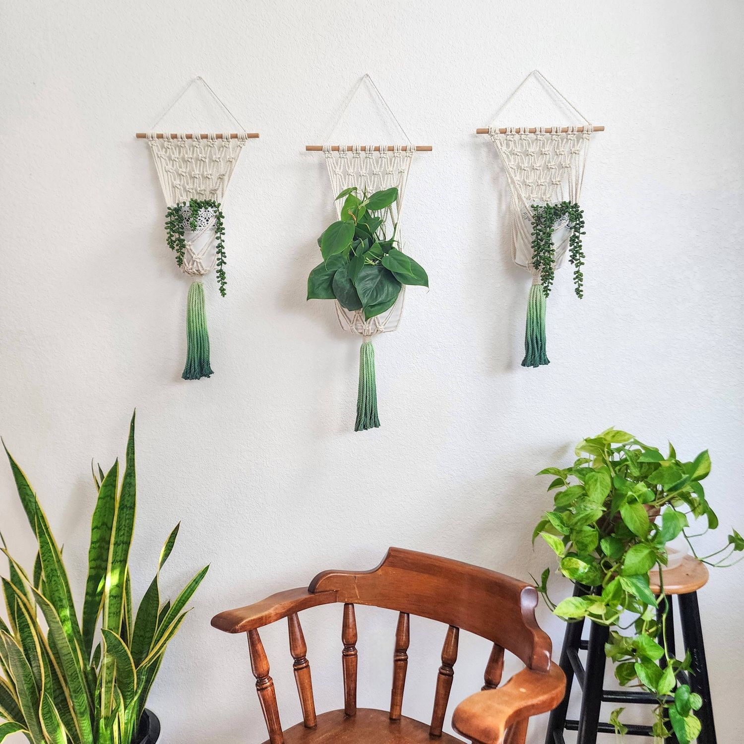 Macrame Plant Hanging for Walls with Ombre Dip-Dyed Tassels: Navy Blue