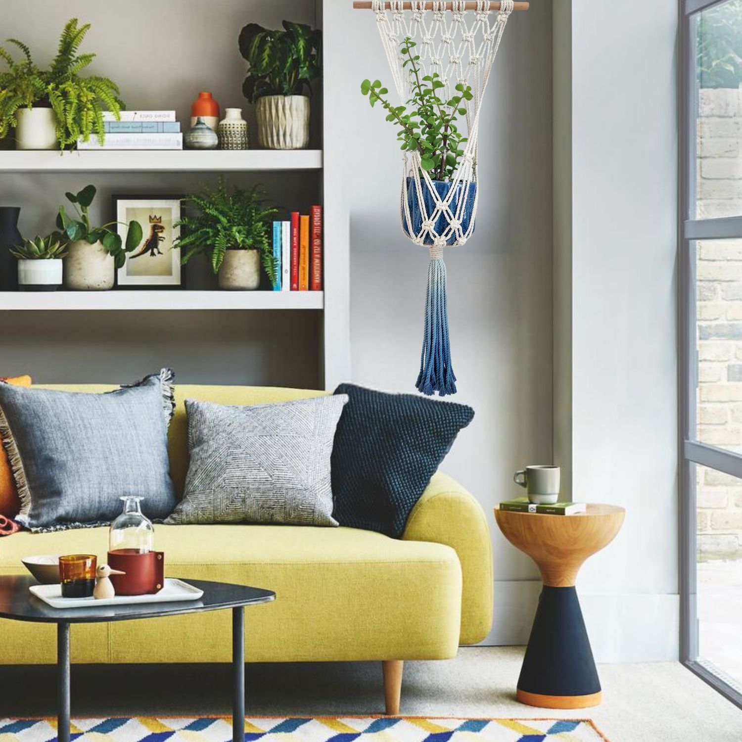 Macrame Plant Hanging for Walls with Ombre Dip-Dyed Tassels: Navy Blue