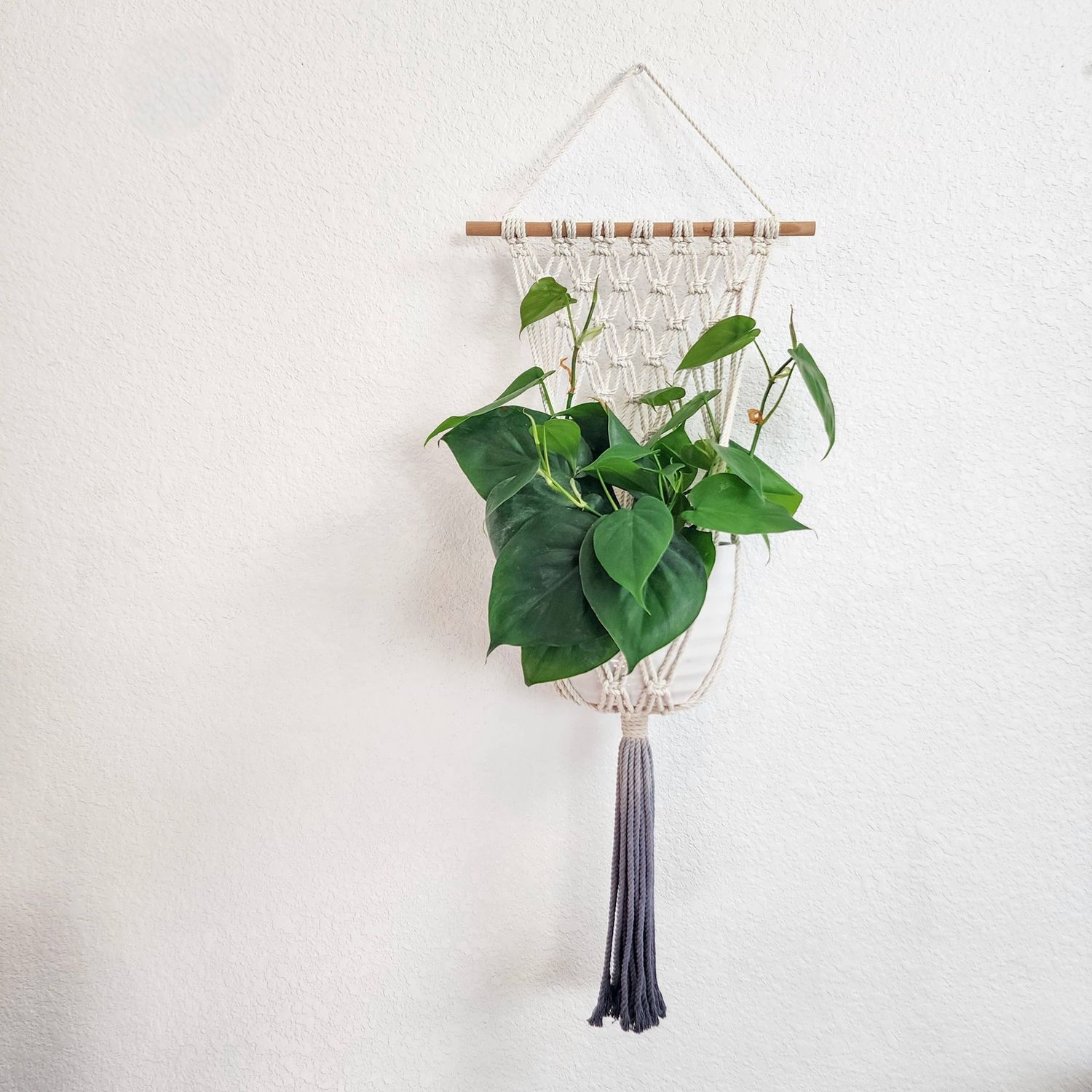 Macrame Plant Hanging for Walls with Ombre Dip-Dyed Tassels: Navy Blue
