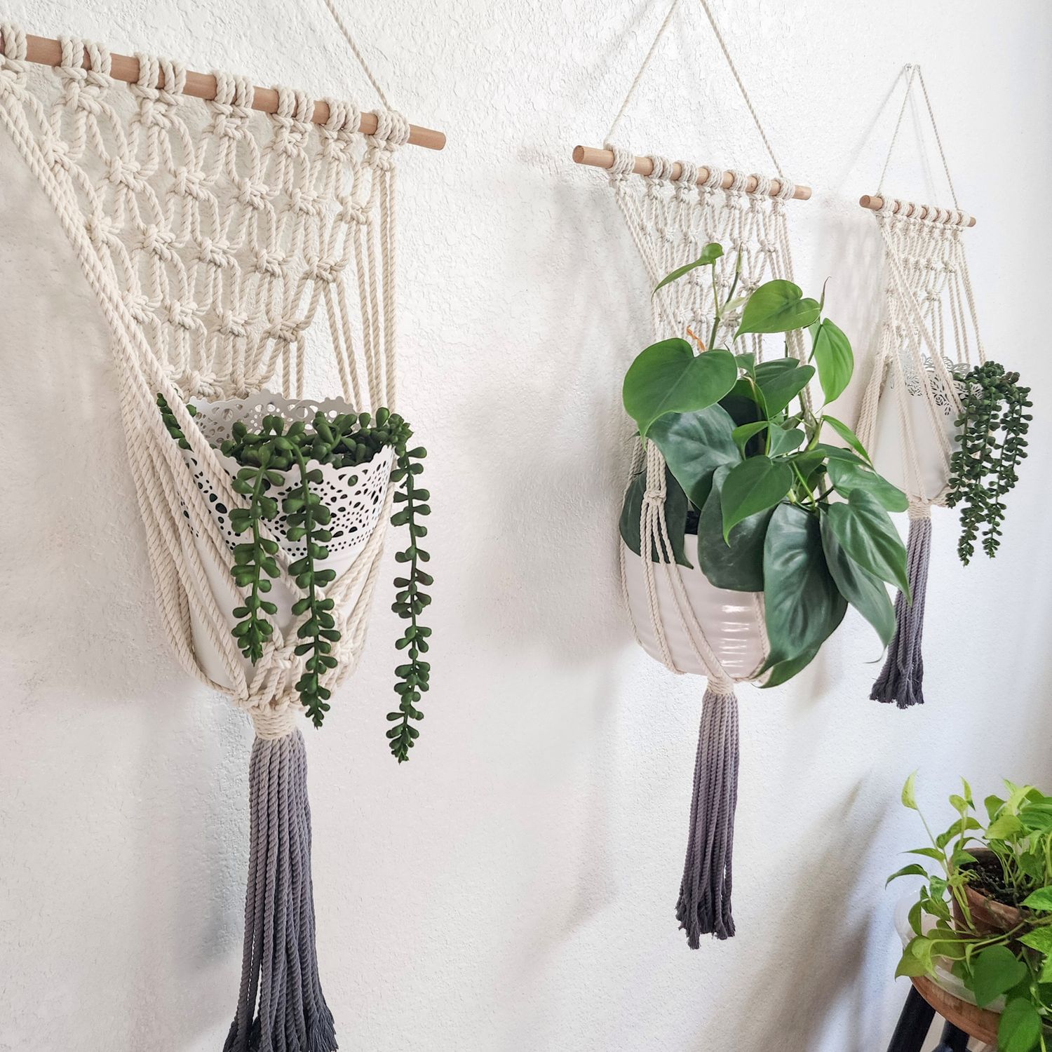 Macrame Plant Hanging for Walls with Ombre Dip-Dyed Tassels: Navy Blue