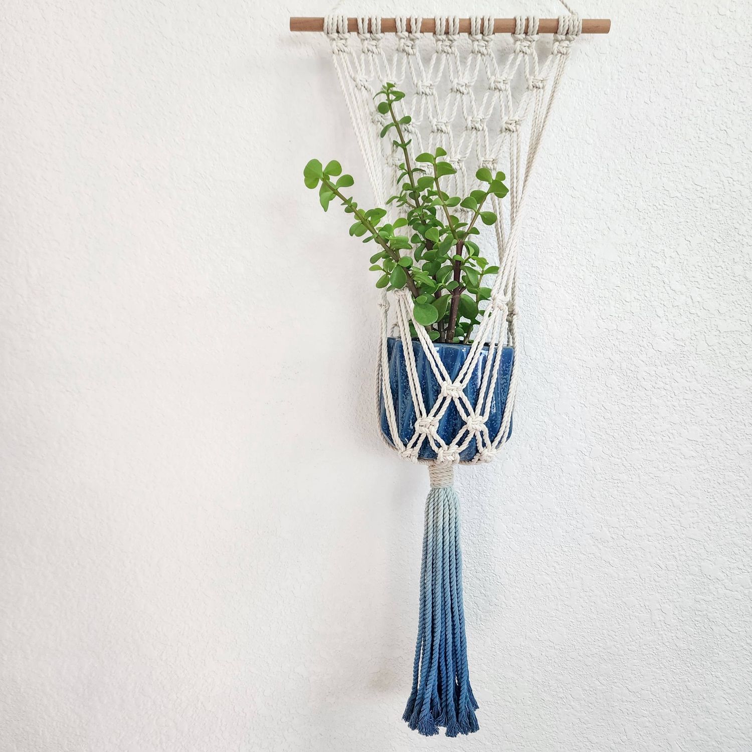 Macrame Plant Hanging for Walls with Ombre Dip-Dyed Tassels: Navy Blue