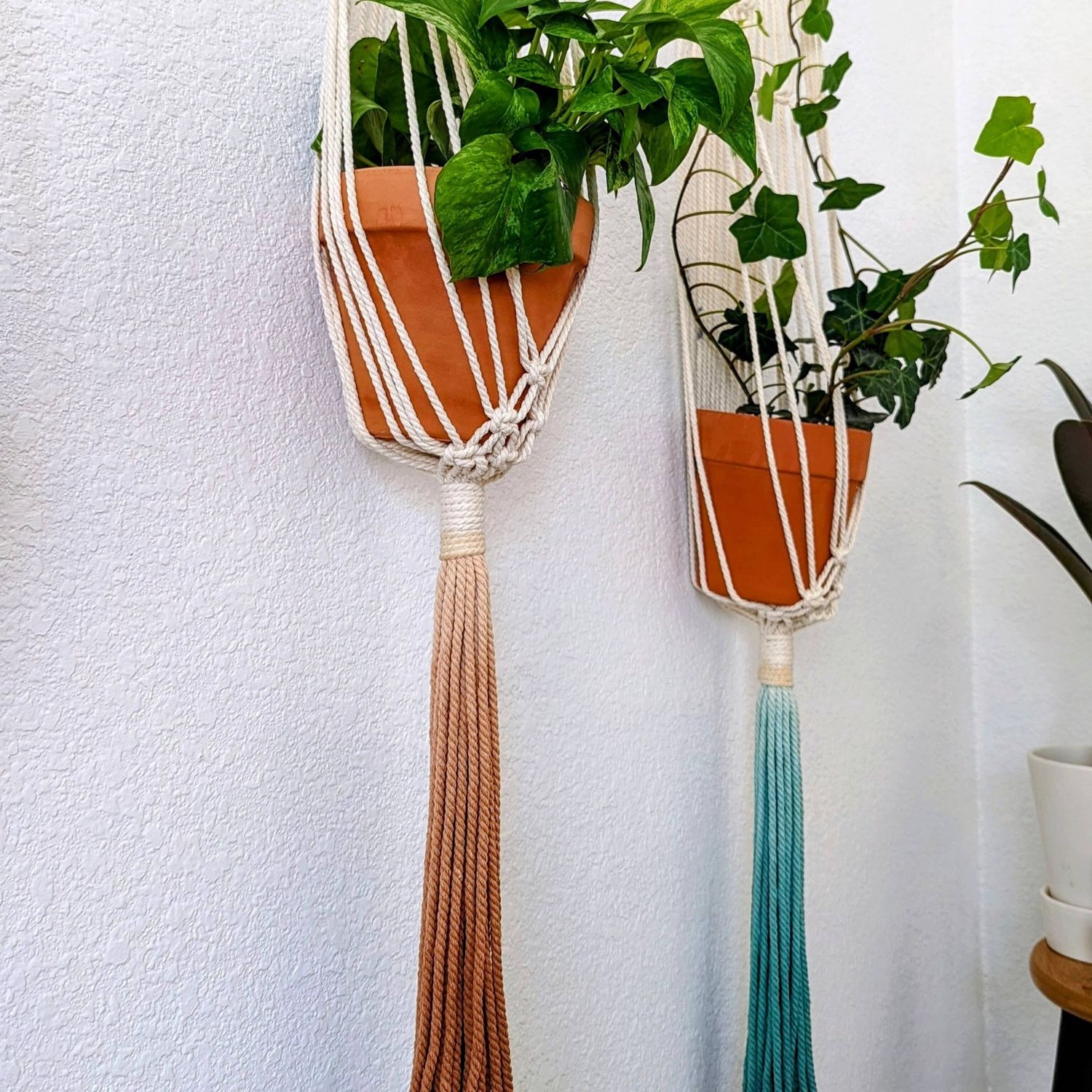 Macrame Plant Hanging for Walls with Ombre Dip-Dyed Tassels: Navy Blue