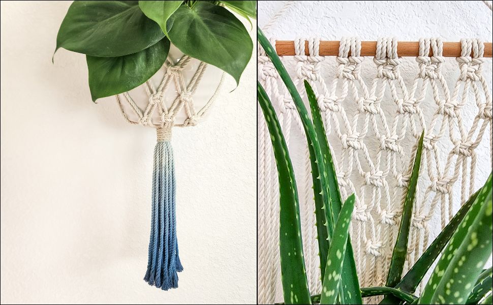 Macrame Plant Hanging for Walls with Ombre Dip-Dyed Tassels: Navy Blue
