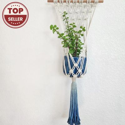 Macrame Plant Hanging for Walls with Ombre Dip-Dyed Tassels: Navy Blue