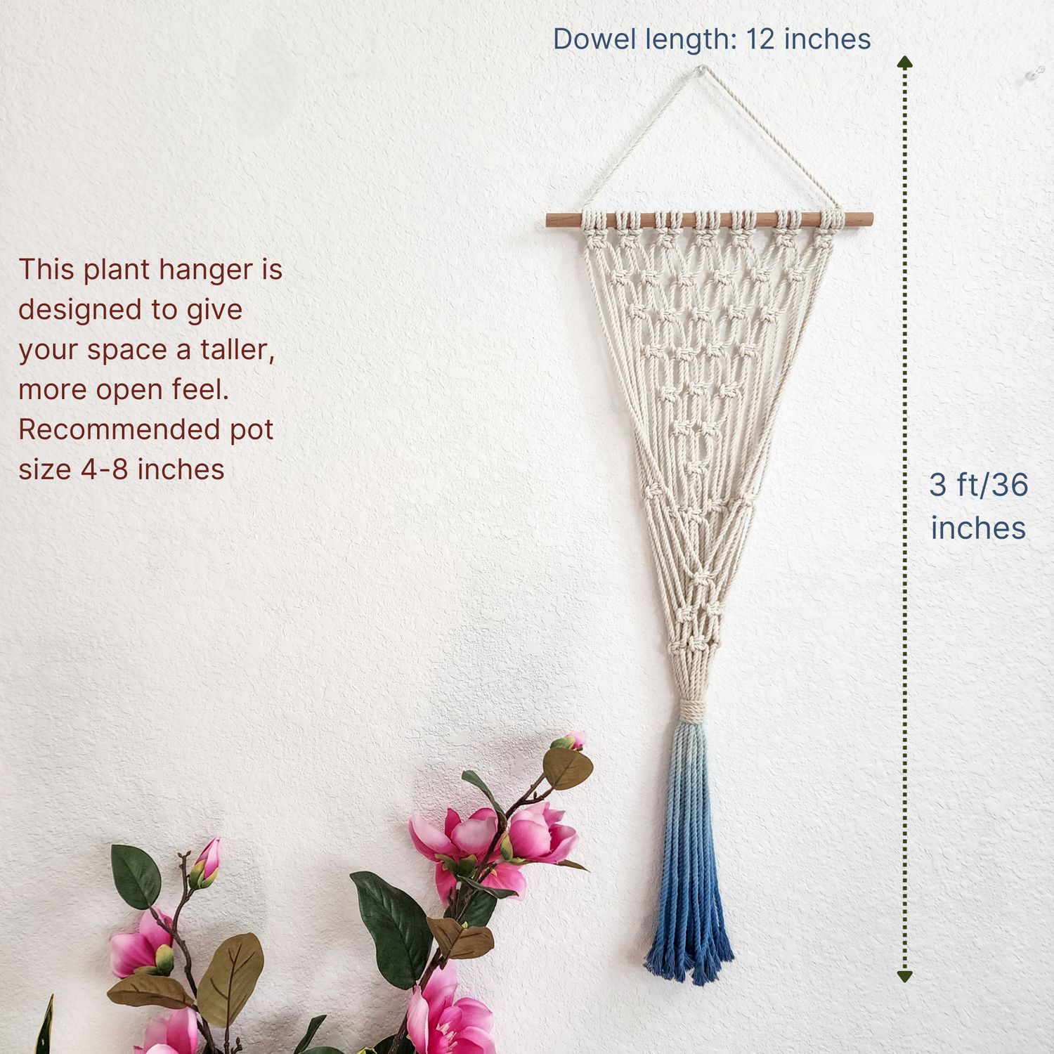 Macrame Plant Hanging for Walls with Ombre Dip-Dyed Tassels: Navy Blue