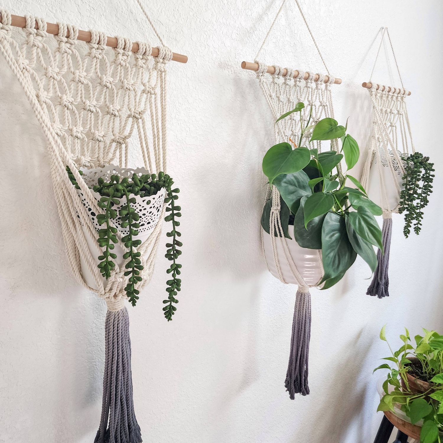 Macrame Plant Hanging for Walls with Ombre Dip-Dyed Tassels: Navy Blue