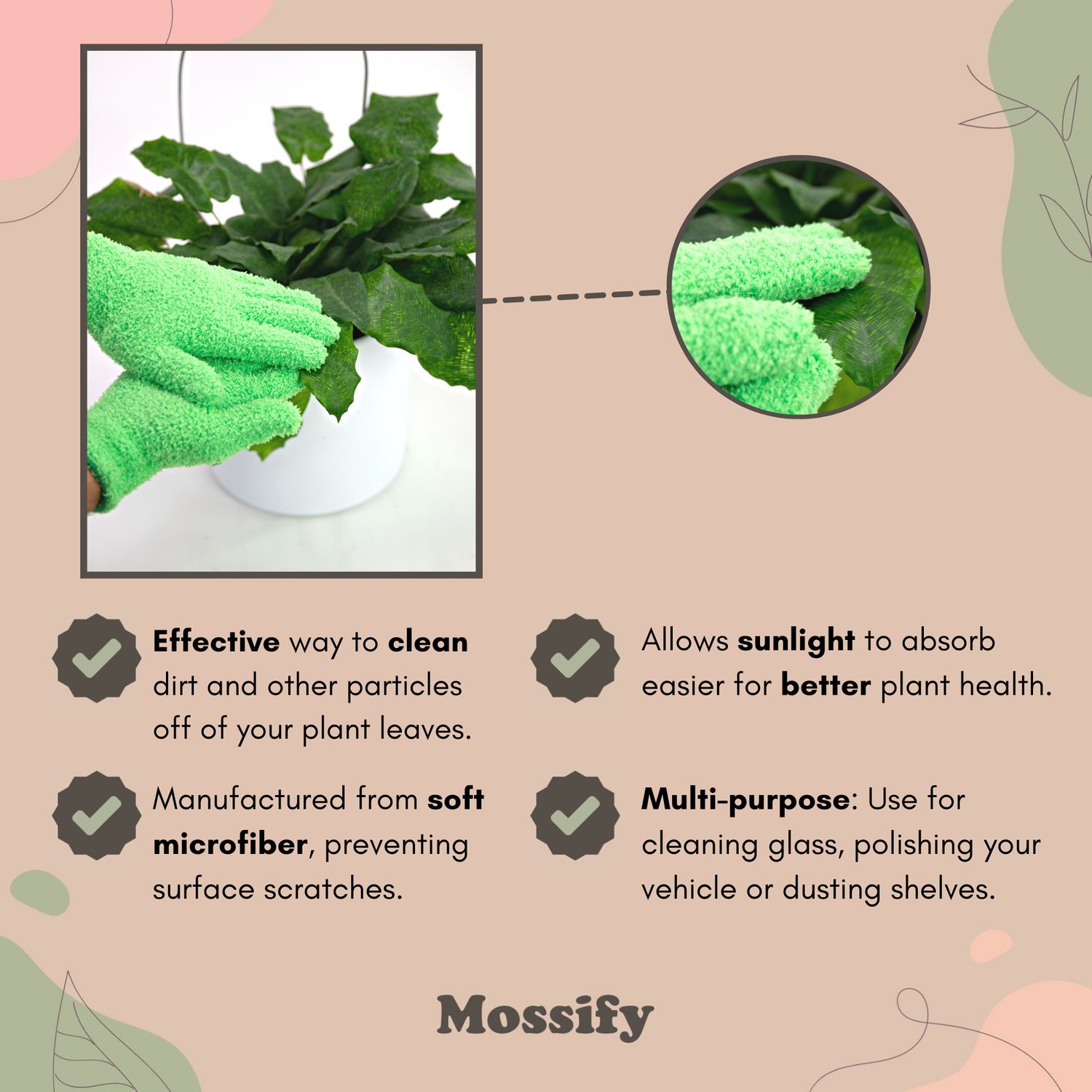 2 Microfiber Gloves – Reusable Leaf-Shining Gloves for Plants: Green