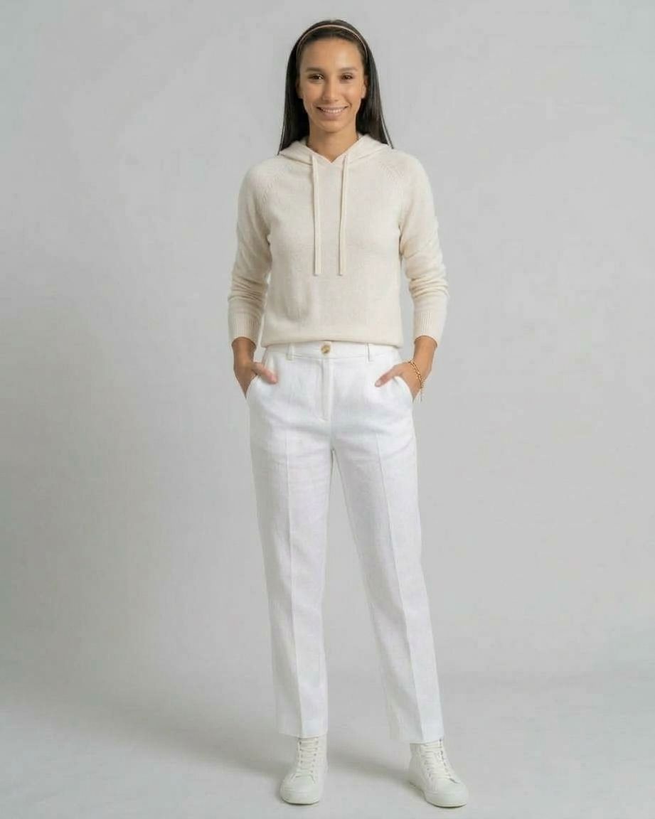 Knit Hoodie &amp; Tailored White Trousers