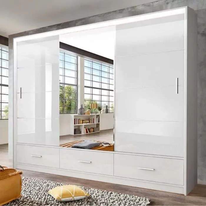 High Gloss Sliding Mirrored Door Bedroom Wardrobe - 255 cm