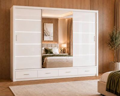 High Gloss Sliding Mirrored Door Bedroom Wardrobe - 255 cm