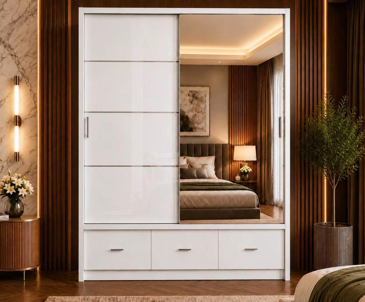 High Gloss Sliding Mirrored Door Bedroom Wardrobe - 205 cm