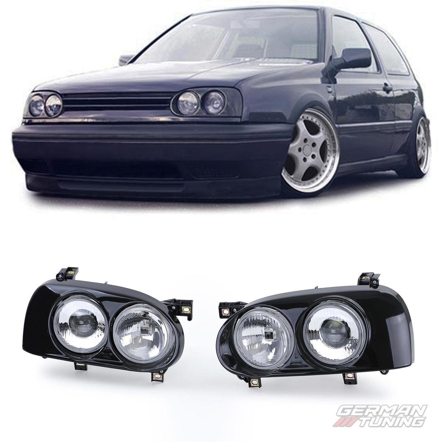 Phares avant doubles noirs H1 H3 Volkswagen Golf 3 German Tuning