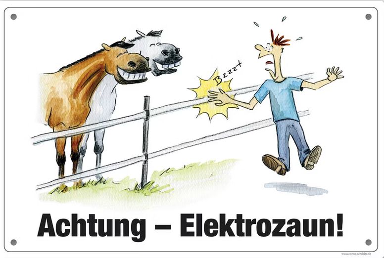 Comic Schild "Achtung-Elektrozaun!"