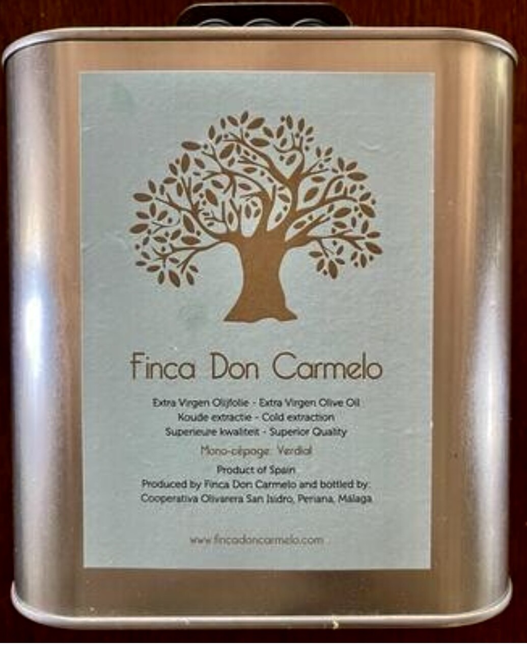 Finca Don Carmelo´s 100% biologische Extra Virgen olijfolie, blik 2,5 liter. Vroege oogst!