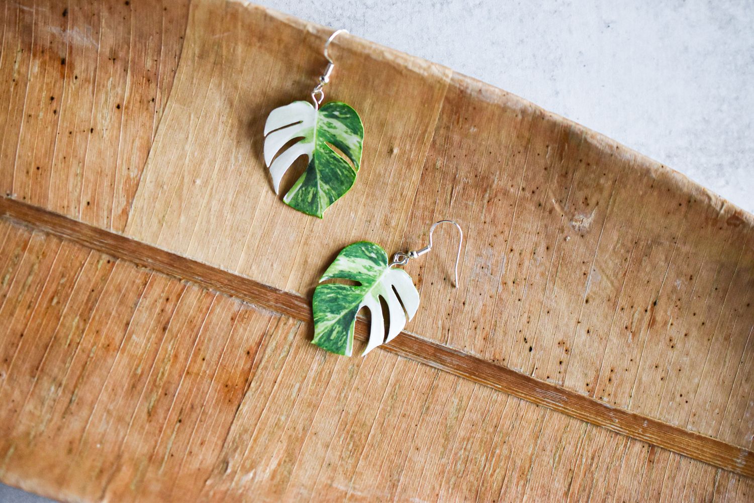 Monstera Albo Half Moon Plant Earrings | Leaf Earrings, Size: Standard 1.25"