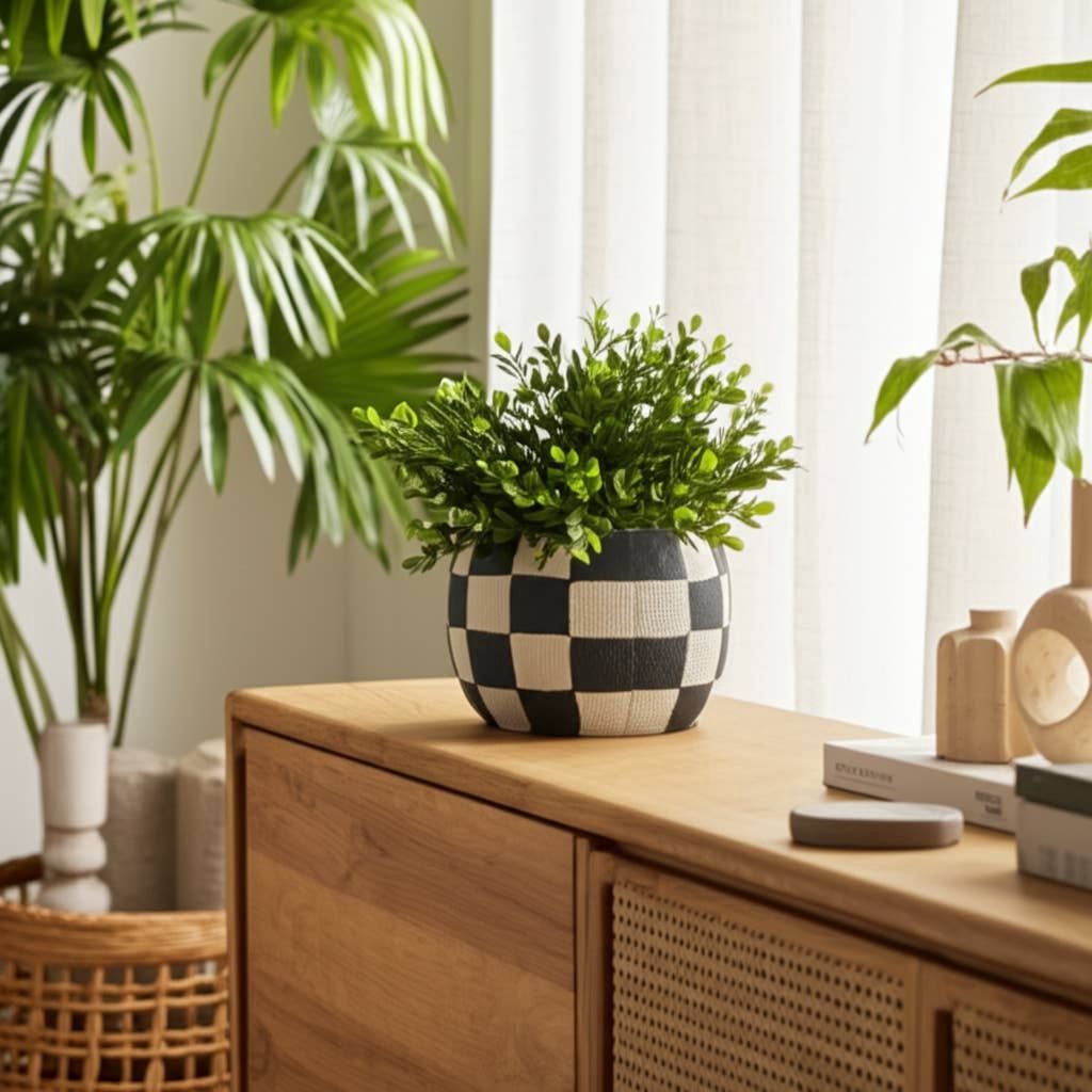 Planter - Black/White Pottery Checkerboard Rounded, 7 in.