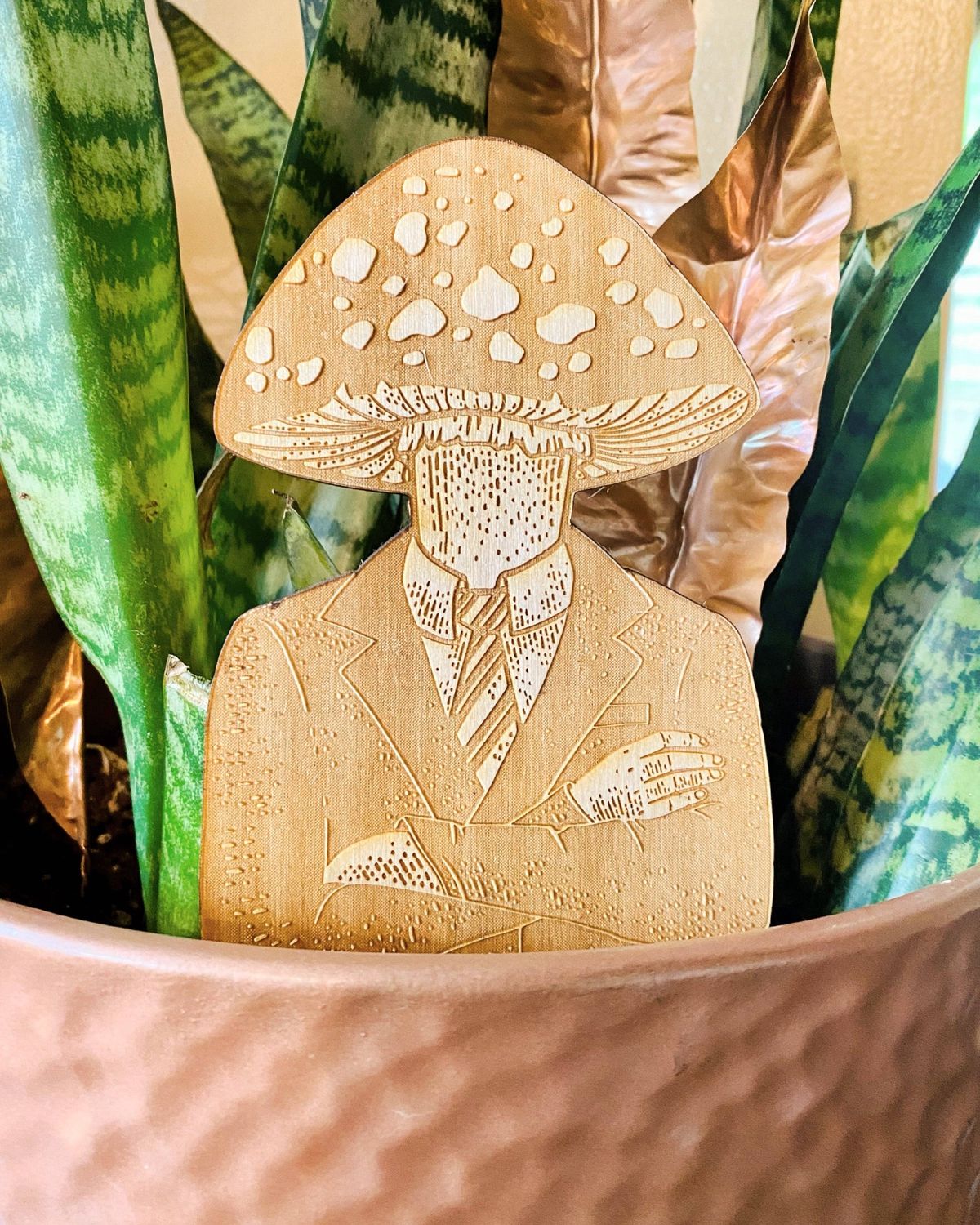 Funny Mushroom Plant Stake: Sarcastic Wood Garden Decor and Houseplant Gift, Finish: Natural Wood