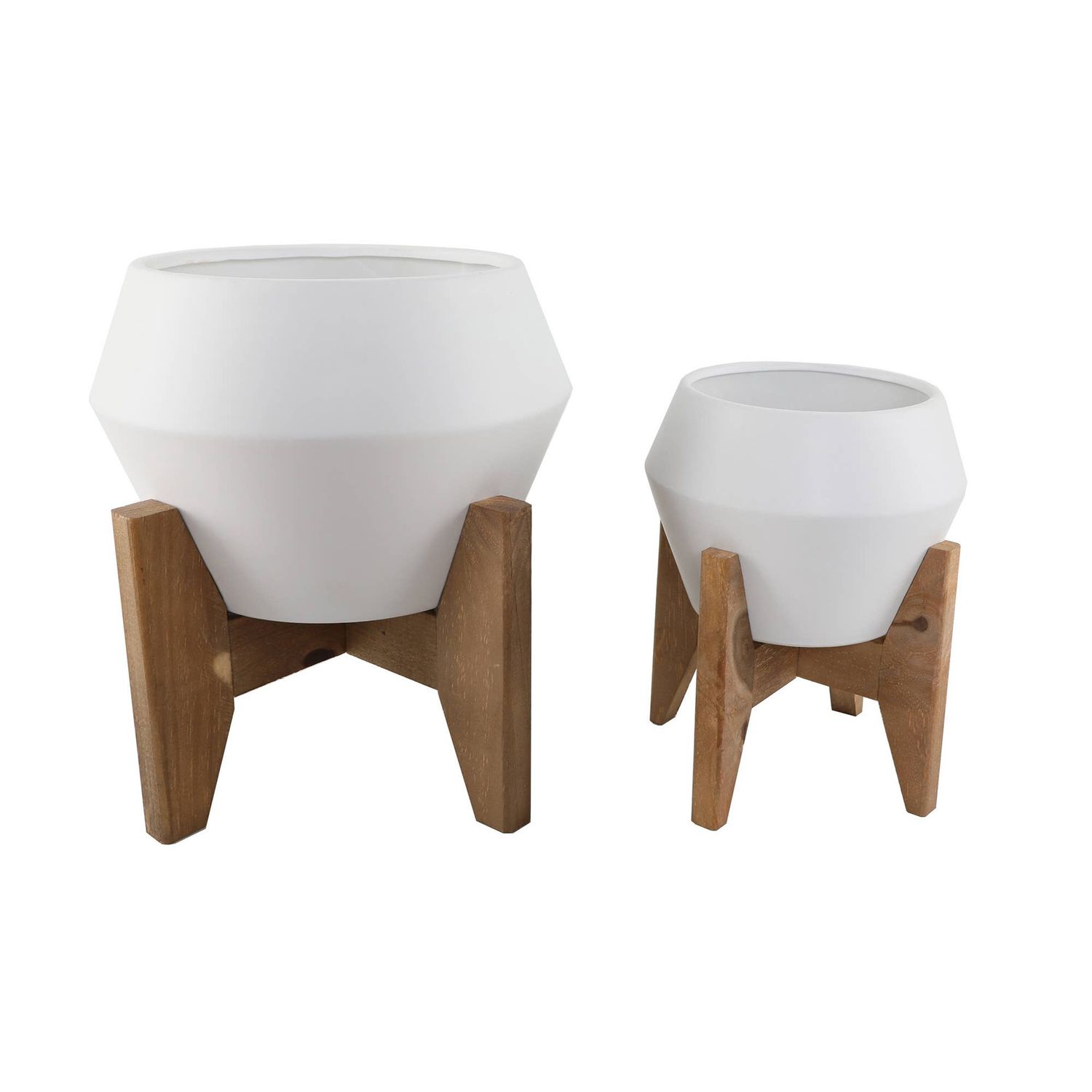 Geometric White Planter Set with Wood Stand