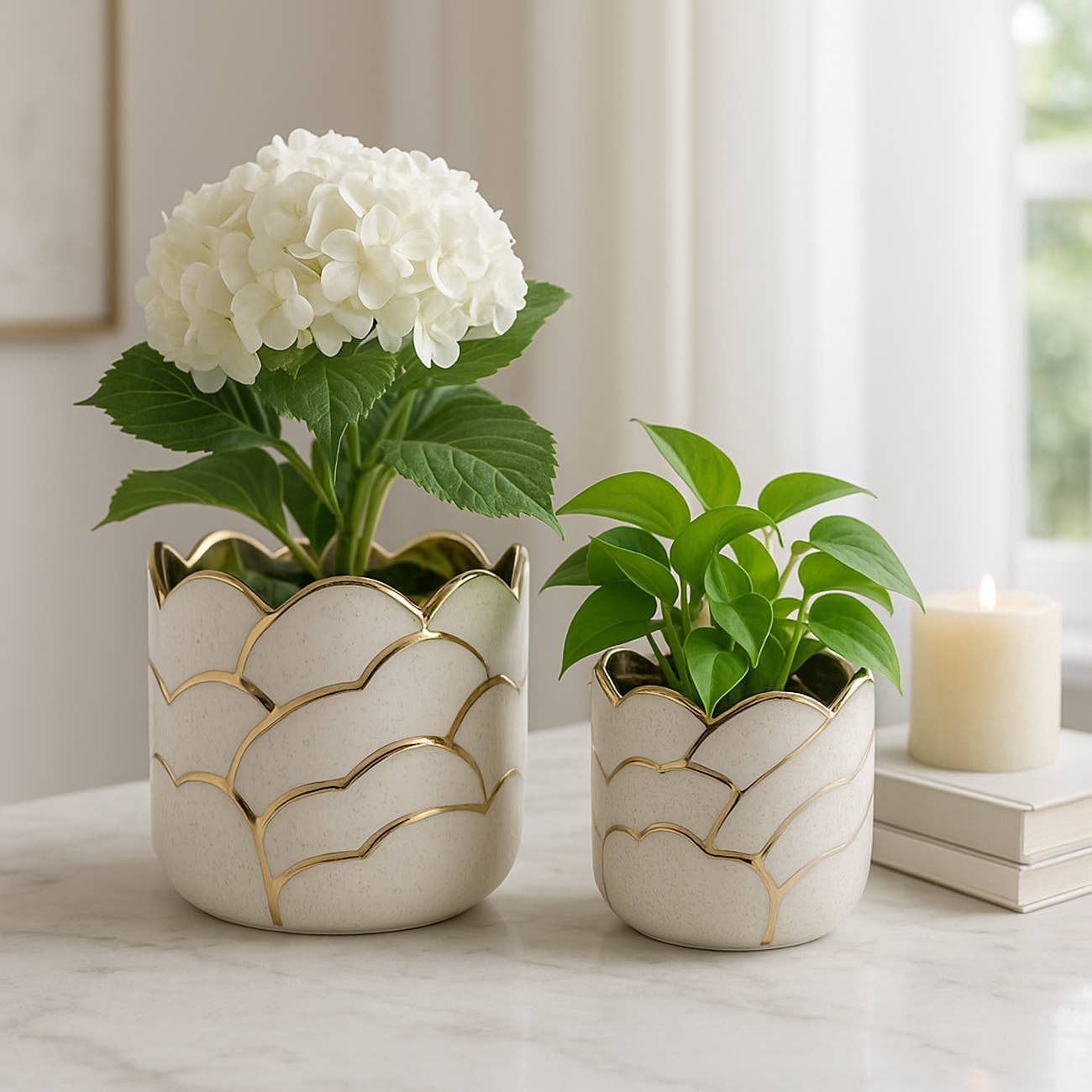 Planters Set of 2 - Ivory/Gold Resin Clouds, 6/7 in.