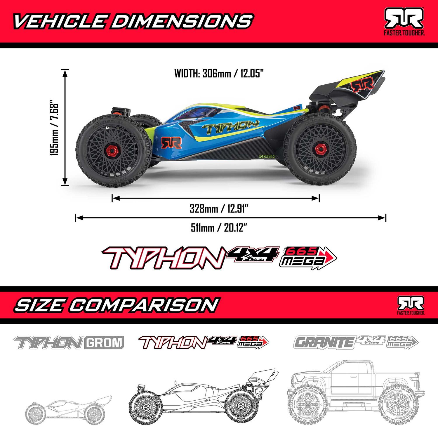 ARRMA 1/8 Typhon Mega 665 4X4 RTR Brushed Buggy Red — ARA4206V4T3
