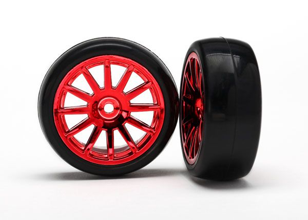 LaTrax Red Chrome 12-Spoke wheels w/ Slick Tires (2) — 7573X