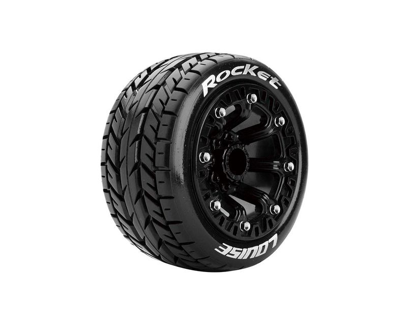ST-Rocket 1/16 Stadium Truck Tires, 12mm Hex, Soft, Mounted on Black Spoke Rim, Front/Rear (2) — LOULT3188SB