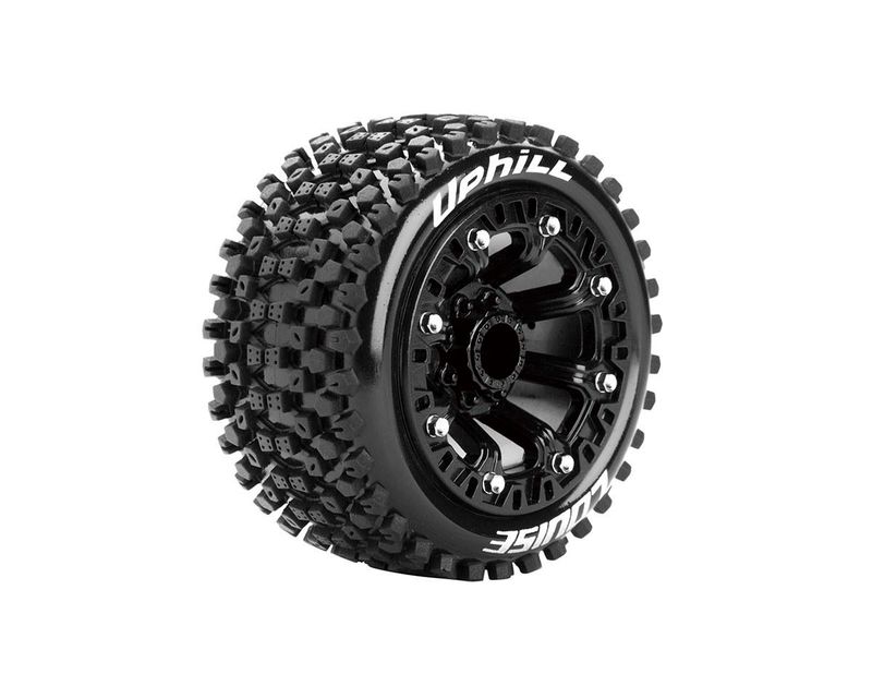 ST-Uphill 1/16 Stadium Truck Tires, 12mm Hex, Soft, Mounted on Black Spoke Rim, Front/Rear (2) — LOULT3279SB