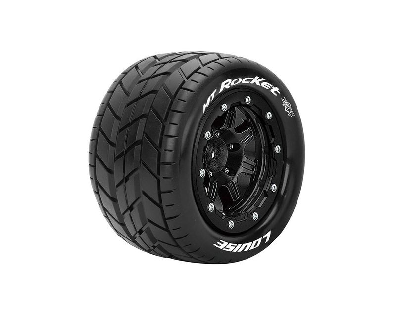 MFT MT-Rocket 1/10 Monster Truck Tires, 1/2 Offset, 17mm Hex, Soft, Mounted on Black Rim (2) — LOULT3328SB