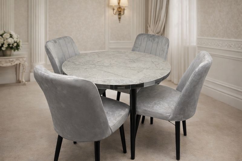High Gloss Round Wooden + 4 Velvet Chairs