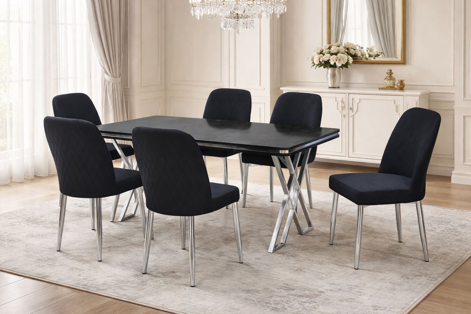 Aris Antrasit High Gloss Table + 6 Chairs