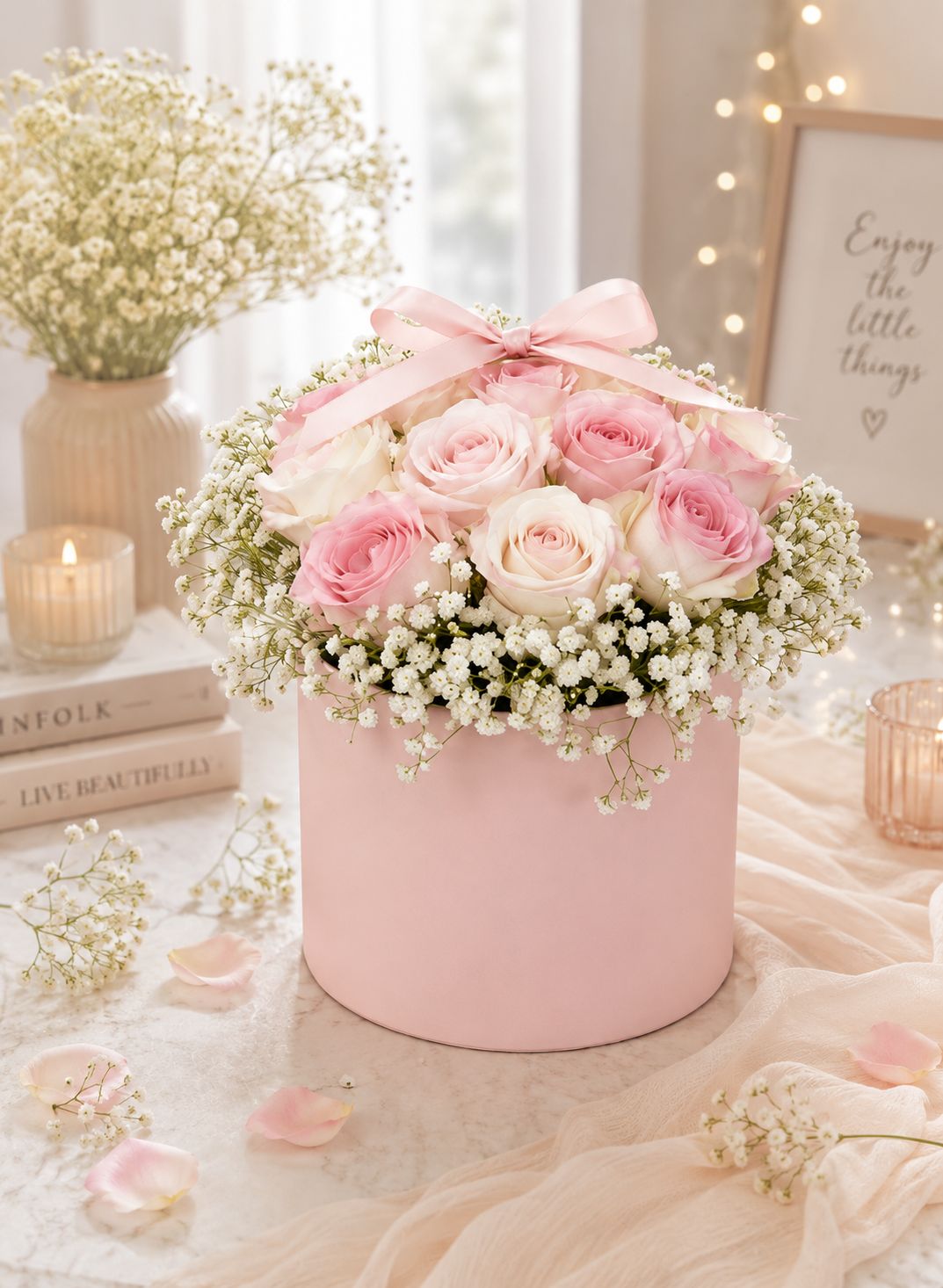 Blush Rose Hat Box Arrangement